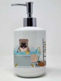 Grey Brindle English Bulldog in Bathtub Ceramic Soap Dispenser Hand Soap Dispenser Pump Bottles for Bathroom Kitchen