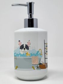 Piebald French Bulldog in Bathtub Ceramic Soap Dispenser Hand Soap Dispenser Pump Bottles for Bathroom Kitchen, Empty Refillable Liquid Soap Container