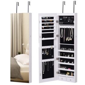 LED Lighted Mirror Jewelry Cabinet Wall Door Mounted Storage Organizer Armoire Wood Grain Gray (Option: White)