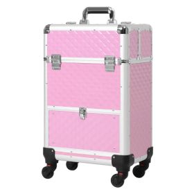 Makeup Train Case Portable Aluminum Rolling Cosmetic Organizer Trolley 4 Wheels Pink Salon Beauty Jewelry Storage (Option: Pink)