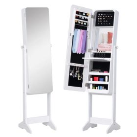 Mirrored Jewelry Armoire LED Lights Freestanding Organizer Adjustable Angle Lockable Cabinet White (Option: White)