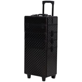 4 in 1 Makeup Train Case Portable Aluminum Rolling Cosmetic Organizer Trolley with Wheels Multiple Compartments Black (Option: Black)