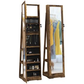 Swivel Jewelry Armoire, Lockable Mirror Jewelry Cabinet with Built-In Small Mirror, Rustic Brown (Option: Rustic Brown)