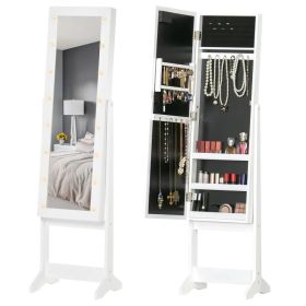 Lighted Jewelry Cabinet Mirrored Armoire Organizer Free Standing Storage for Necklaces Bracelets Rings Earrings Adjustable (Option: White)