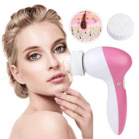 Waterproof Facial Cleansing Brush Face Spin Cleaning Brush Scrubber With 5 Brush Heads For Women (Option: Pink)